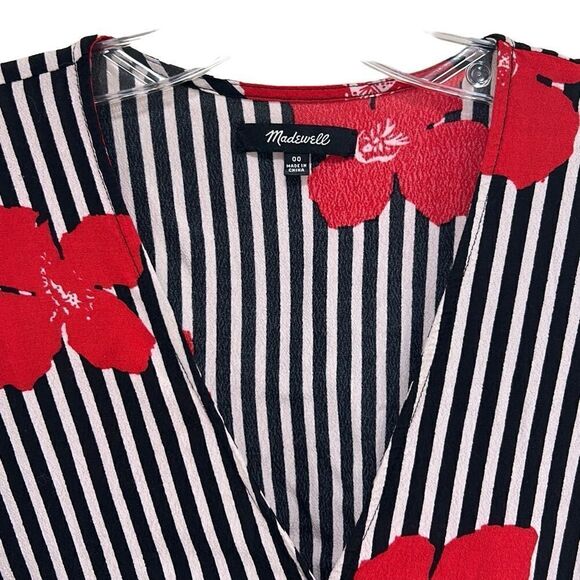 Madewell - Mini Ruffle Wrap Dress, Striped Floral - Size 00, Black, White, Red - Picture 8 of 16